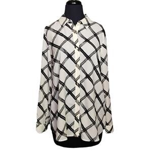 Jaclyn Smith Womens Medium Black White Lightweight Button Up Long Sleeve Top